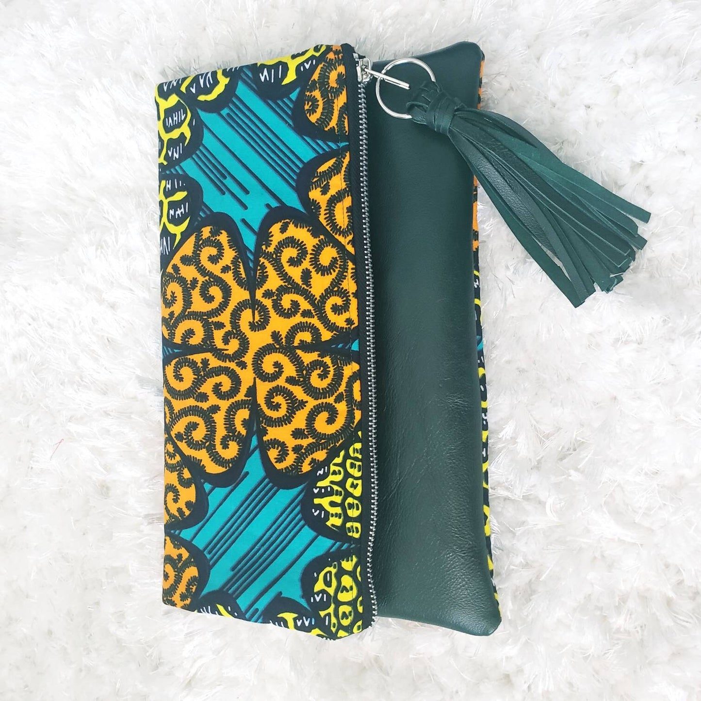 Reversible Ankara, African Print Foldover Clutch Purse, evening bag, casual bag, green, genuine leather, gift for her, perfect gift.