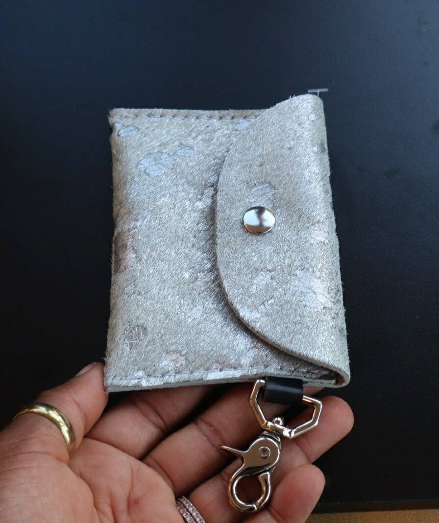 Hair-on Cowhide acid-wash Leather mini wallet, minimalist wallet, business card wallet.