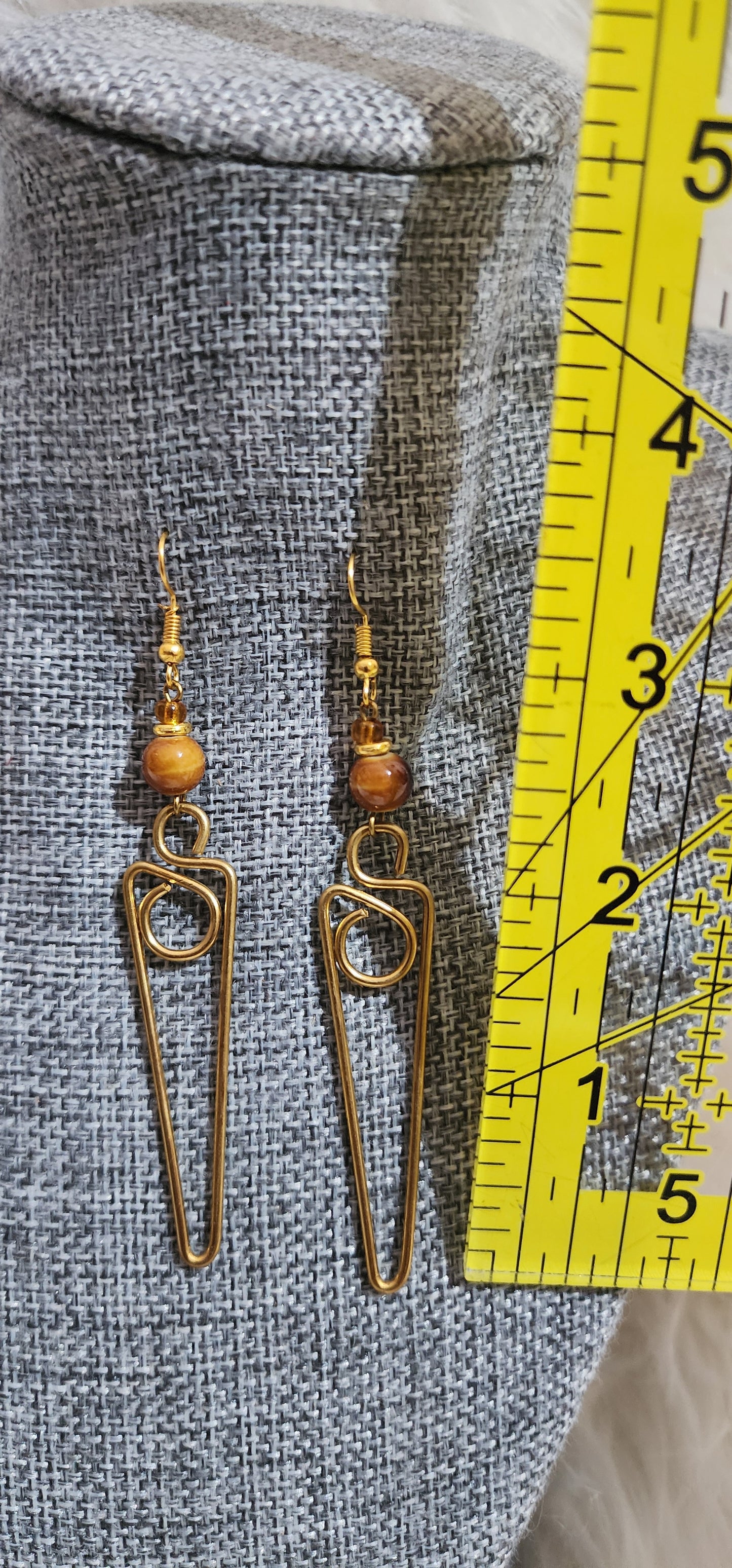 Brass Geometric Drop Earrings with Bead Accent