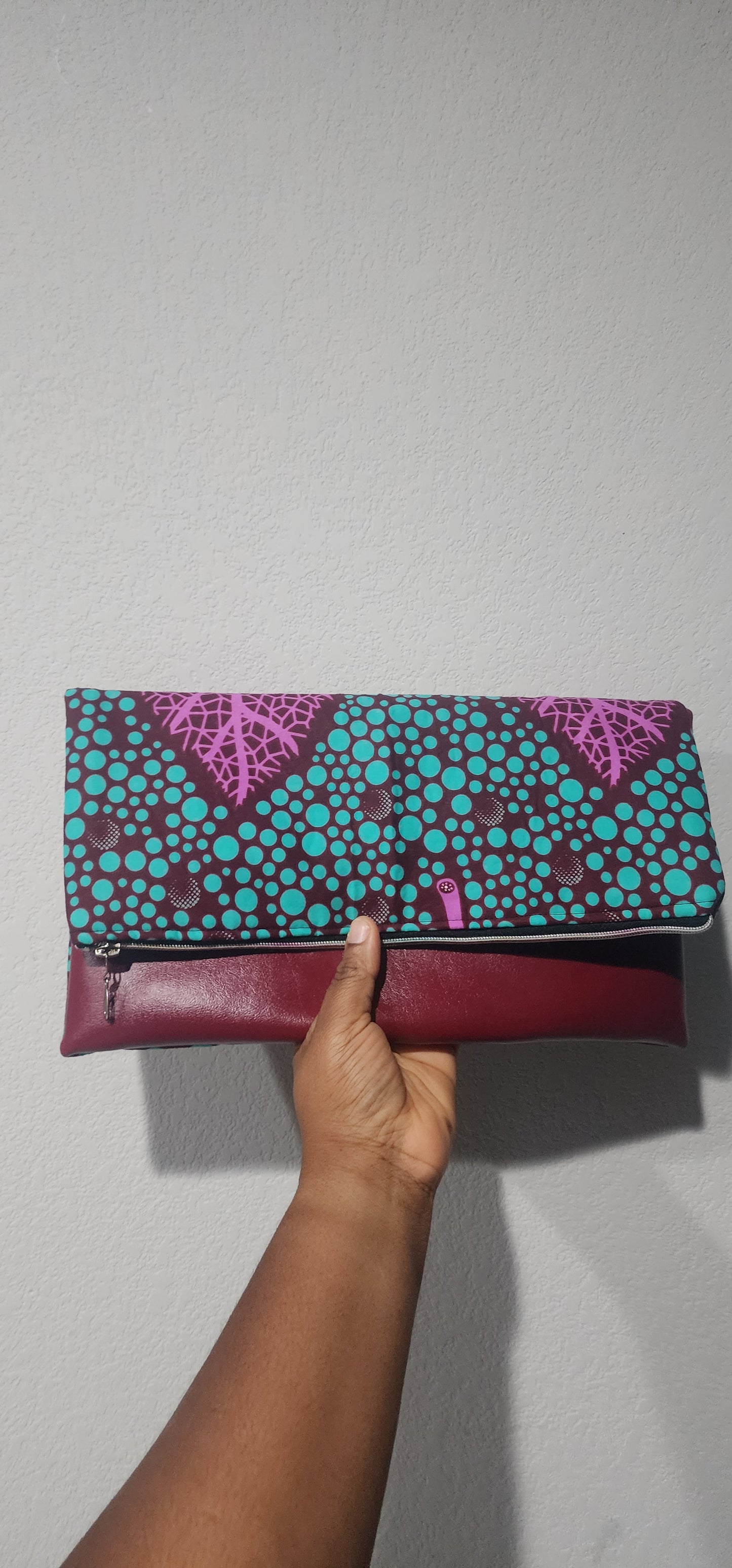 3-in-1 Reversible Ankara Laptop Clutch - Burgundy & Turquoise