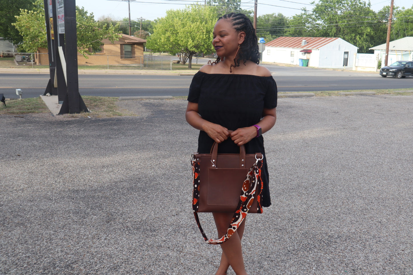 Leather Tote with Woodin Fabric Trim Bag - Medium