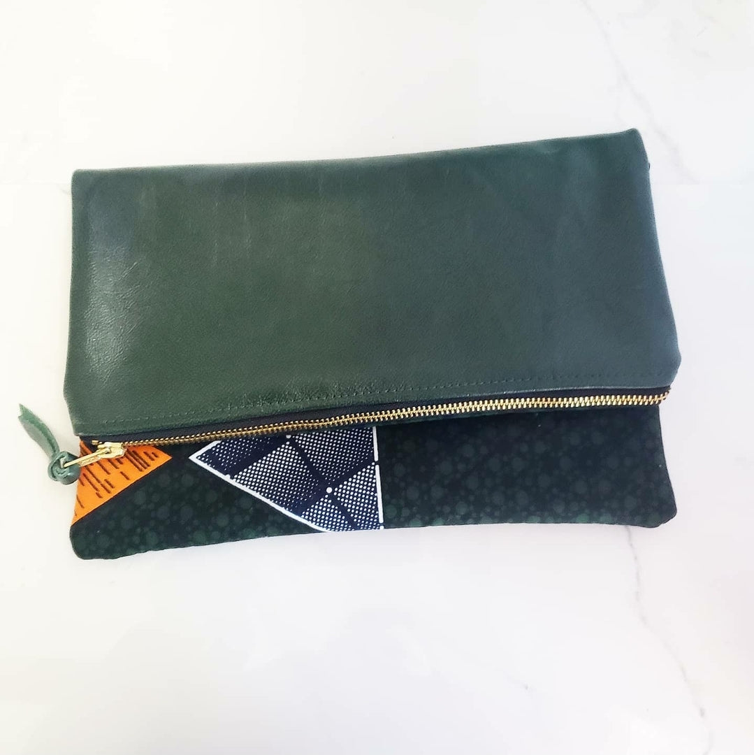 Reversible Ankara, African Print Foldover Clutch Purse, evening bag, casual bag, green, genuine leather, gift for her, perfect gift.