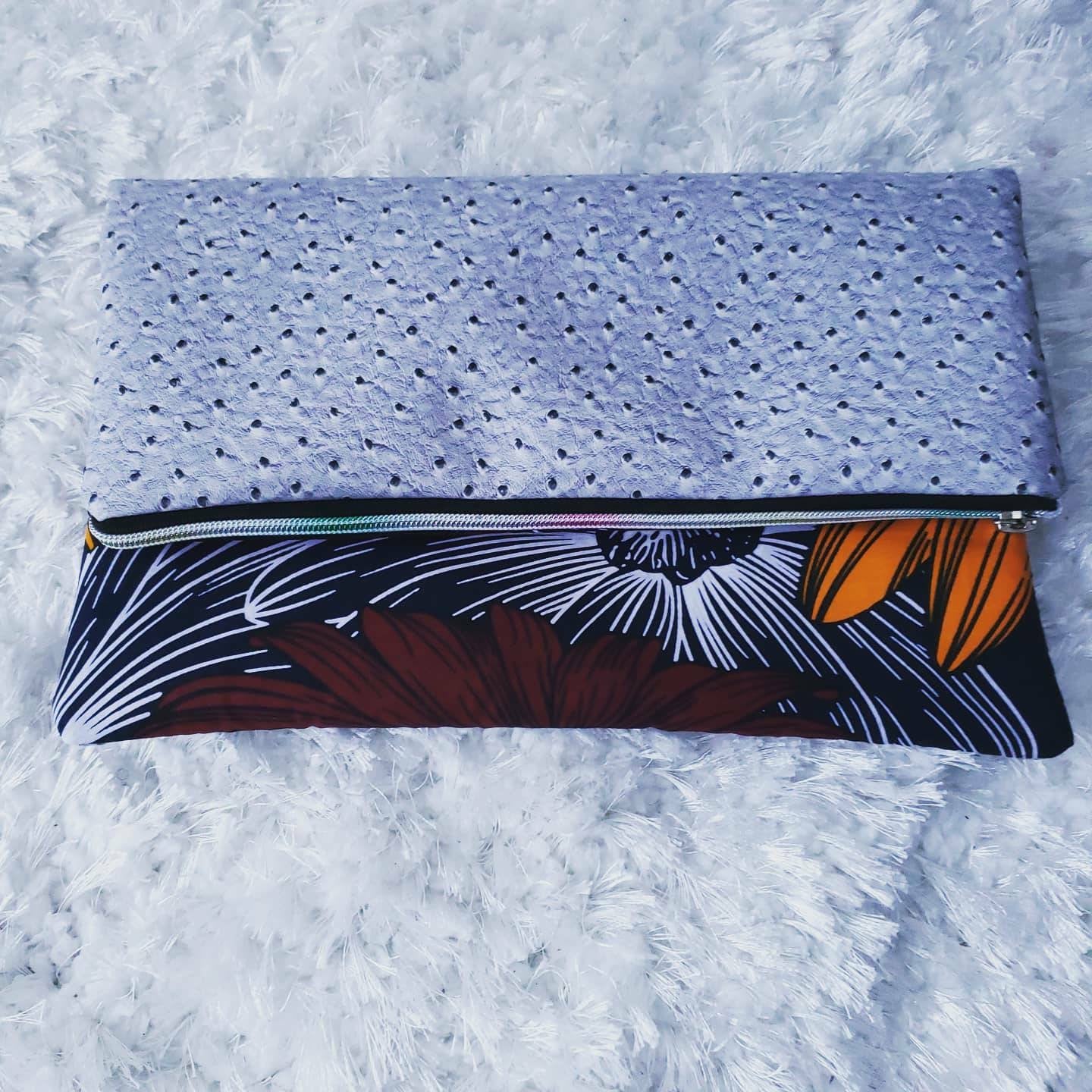 Reversible Ankara, African Print Foldover Clutch Purse, evening bag, casual bag, fashion bag, colorful cuteness, silver, vinyl.