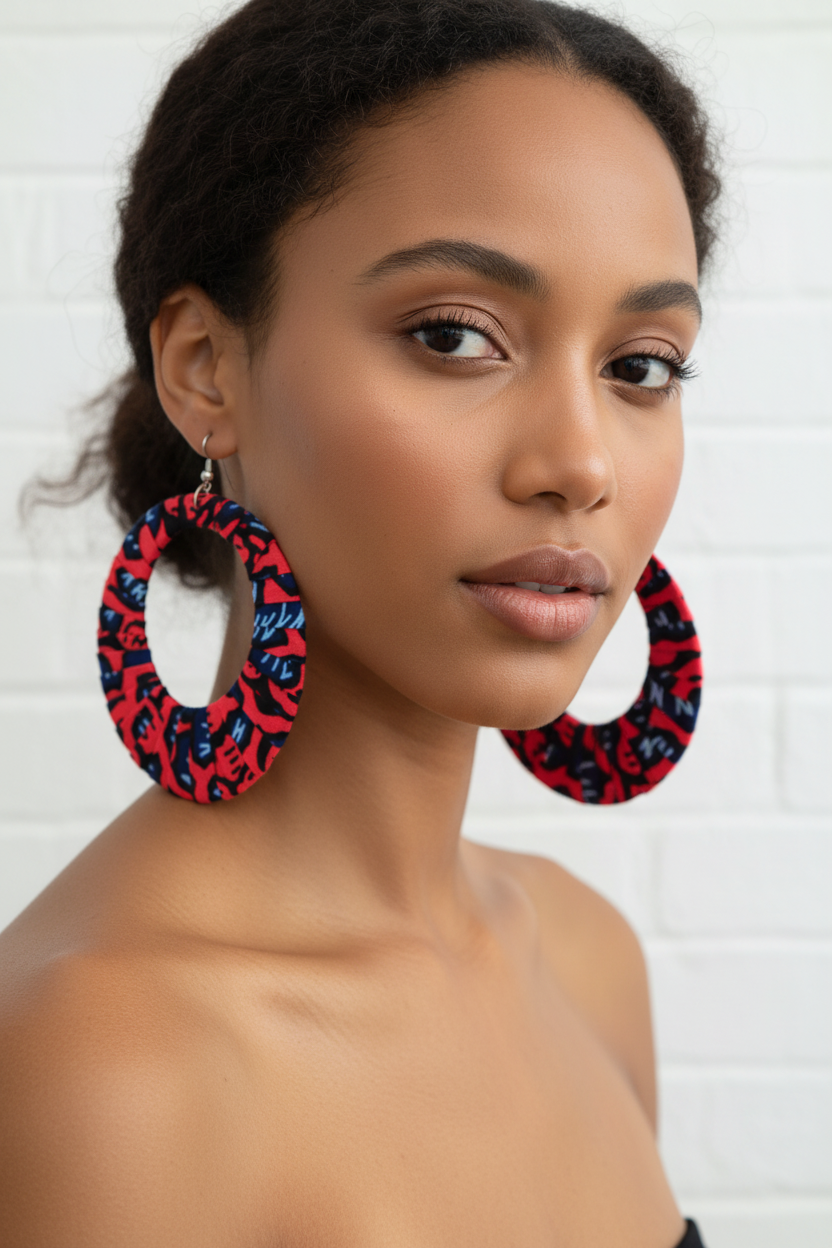 Pink and Black Ankara Hoop Earrings, large, African print, vibrant.