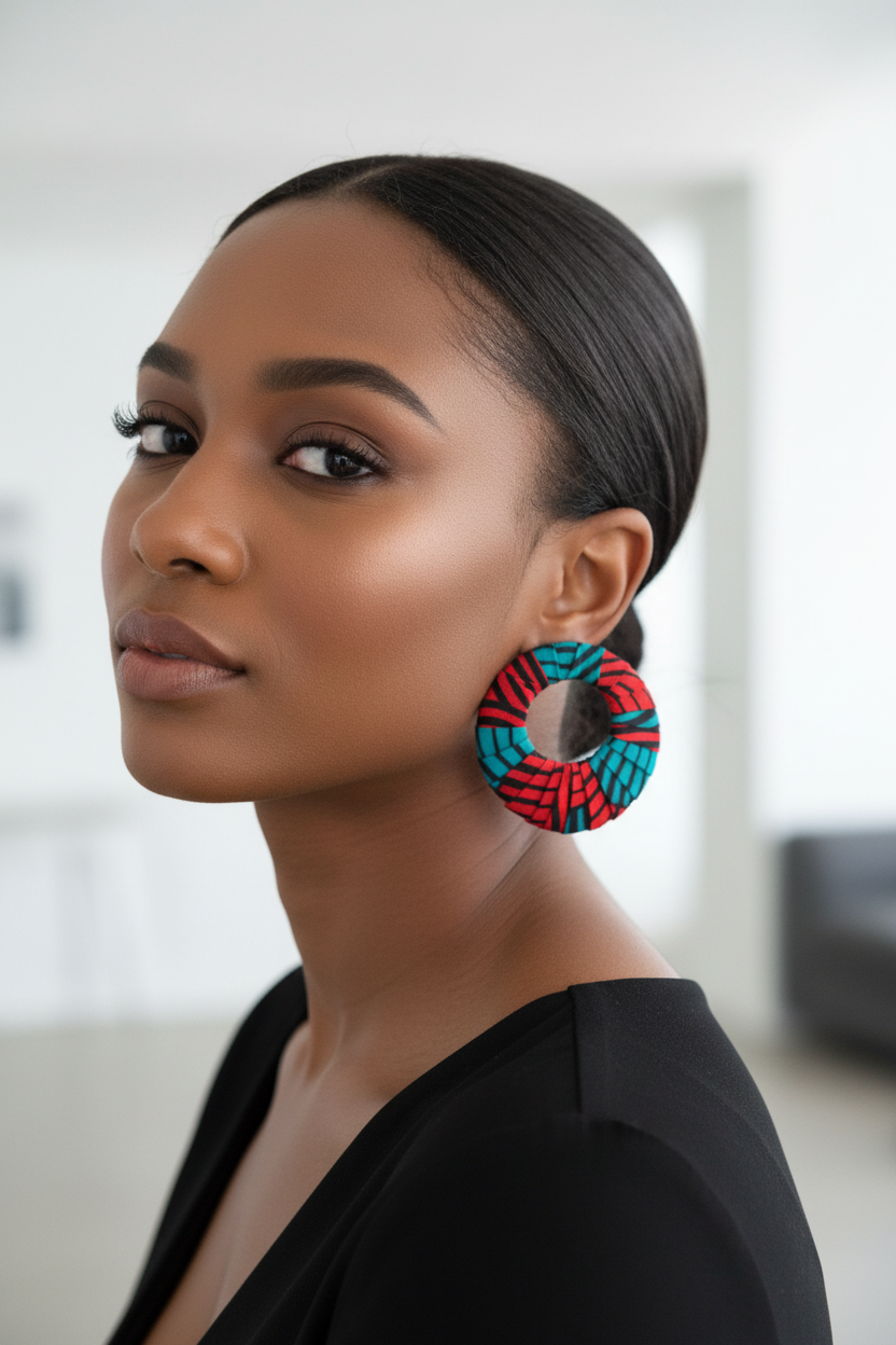 Turquiose and Red Ankara Hoop Earrings, large, African print, vibrant, bold.