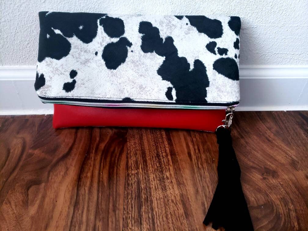 Cowhide Suede/Vinyl Reversible Foldover Clutch Purse, gift for her, bridesmaid gift, Ankara lining, inside pocket.