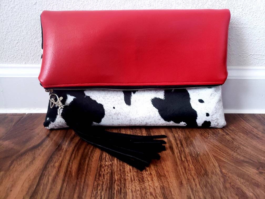 Cowhide Suede/Vinyl Reversible Foldover Clutch Purse, gift for her, bridesmaid gift, Ankara lining, inside pocket.