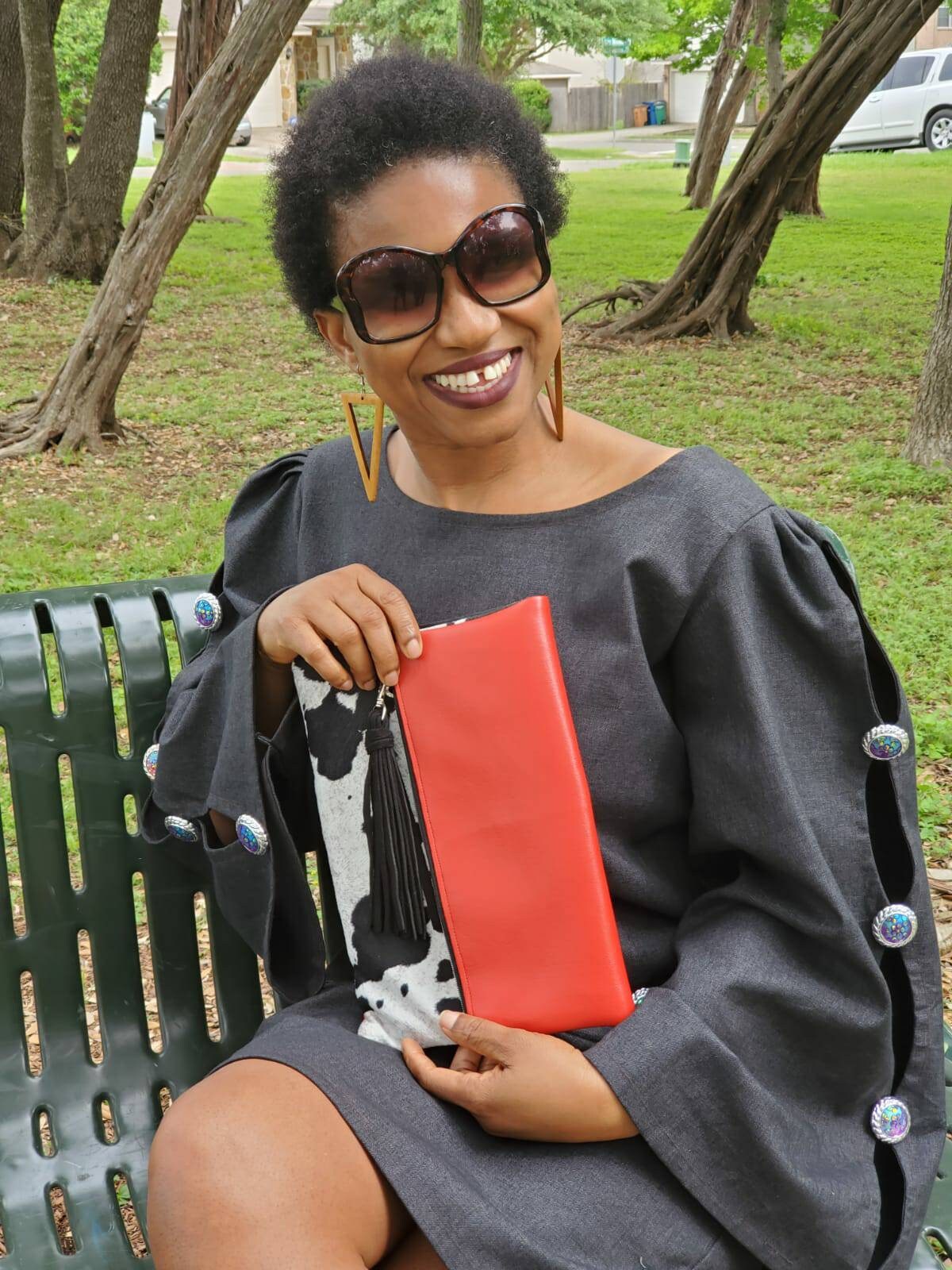 Cowhide Suede/Vinyl Reversible Foldover Clutch Purse, gift for her, bridesmaid gift, Ankara lining, inside pocket.