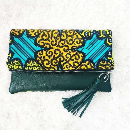 Reversible Ankara, African Print Foldover Clutch Purse, evening bag, casual bag, green, genuine leather, gift for her, perfect gift.