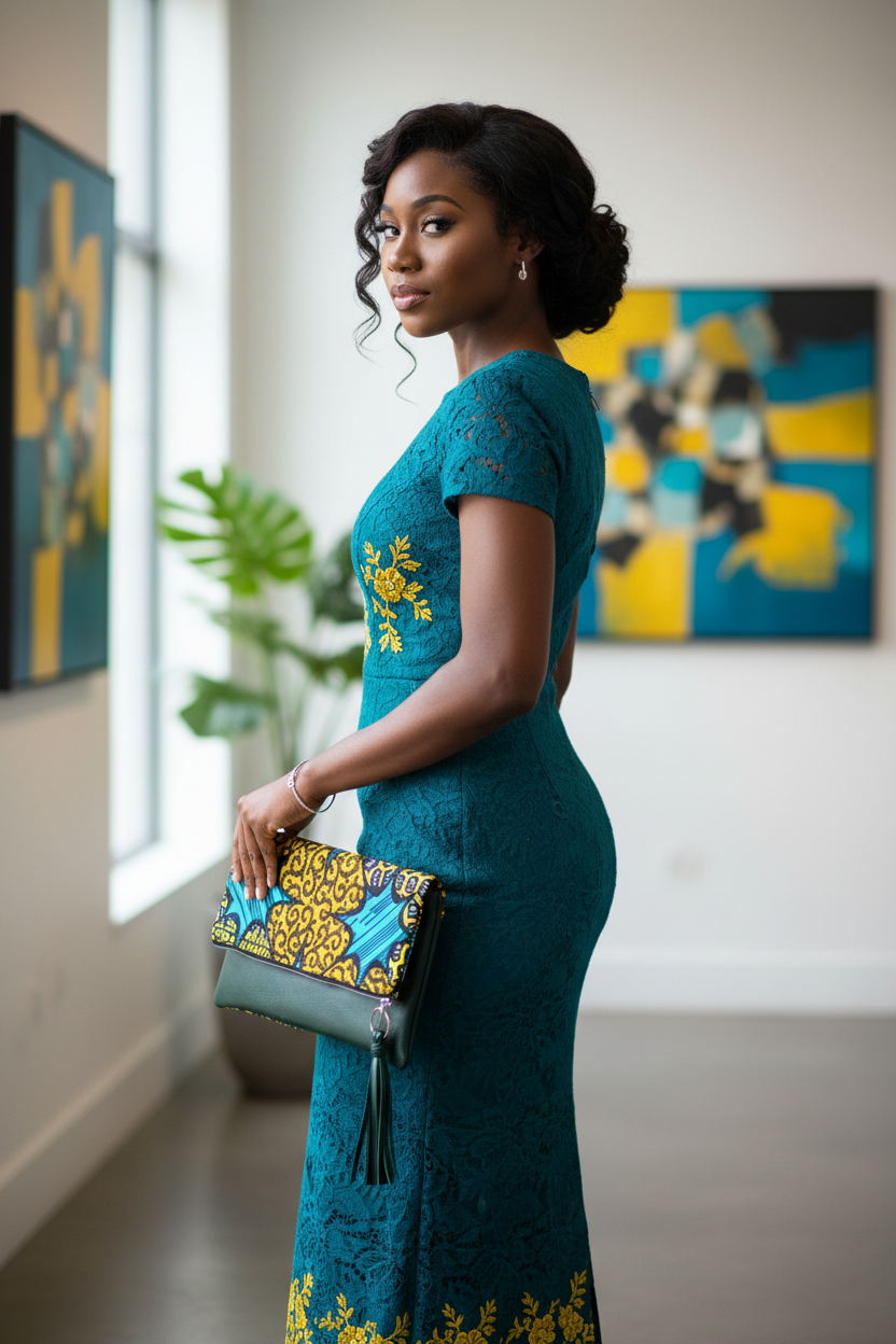 Reversible Ankara, African Print Foldover Clutch Purse, evening bag, casual bag, green, genuine leather, gift for her, perfect gift.