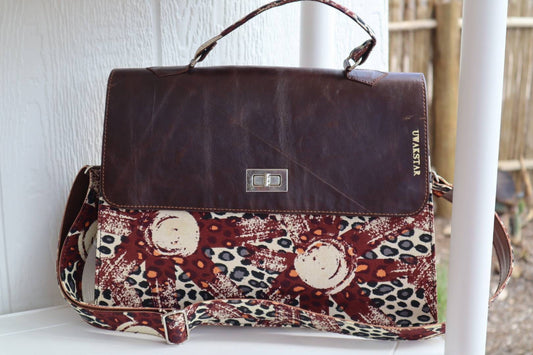 Woodin Fabric Briefcase Bag, Leather and fabric combination, gift for her, sturdy, adjustable strap.