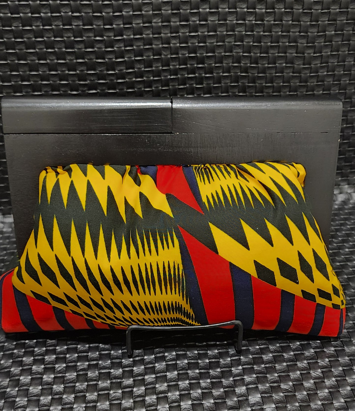 Bold Geometric Ankara Wood Frame Clutch - Yellow & Red