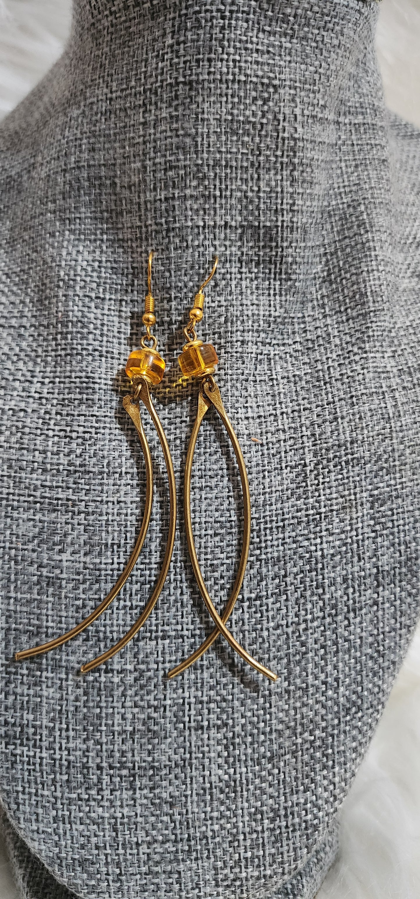 Brass Curved Drop Earrings with Amber Bead