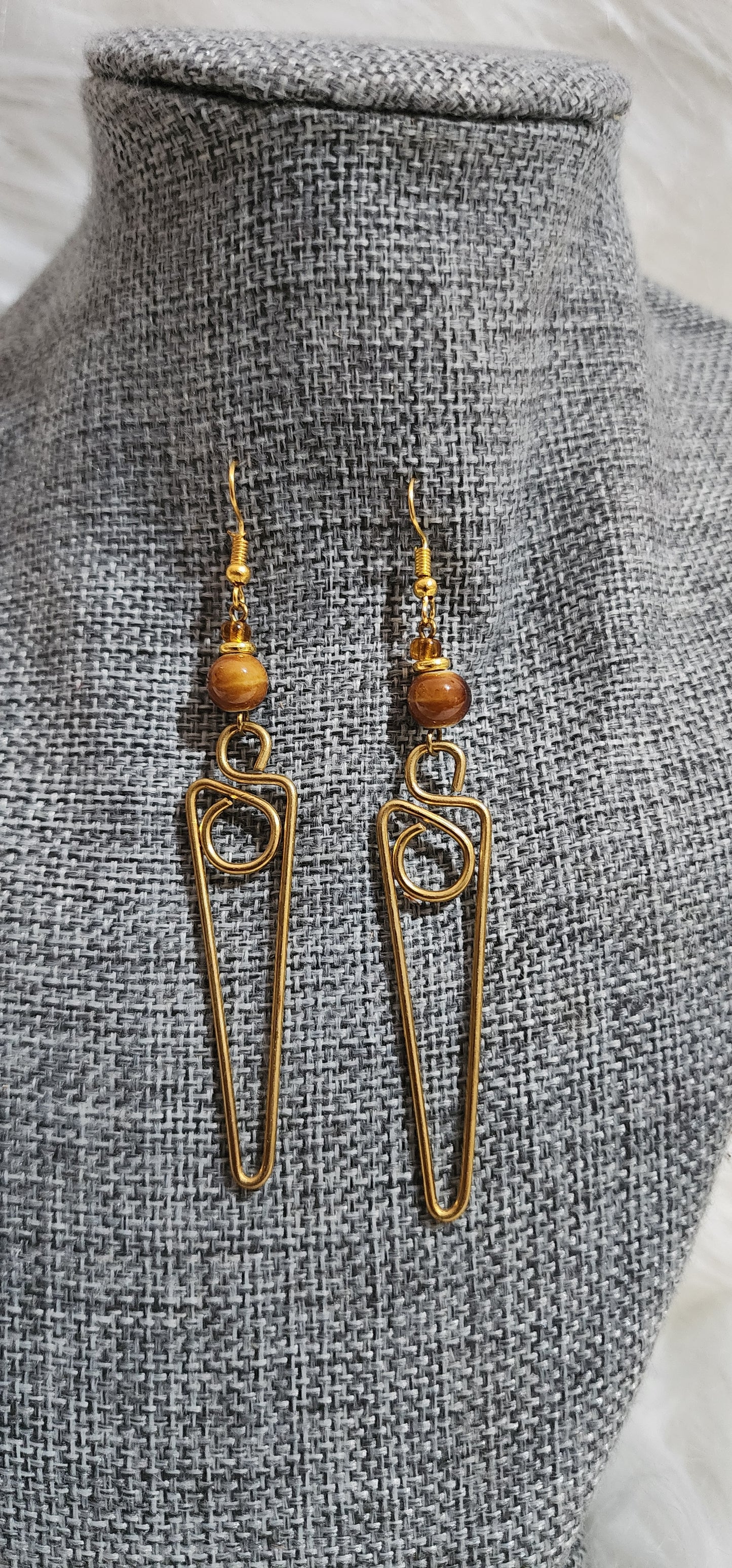 Brass Geometric Drop Earrings with Bead Accent