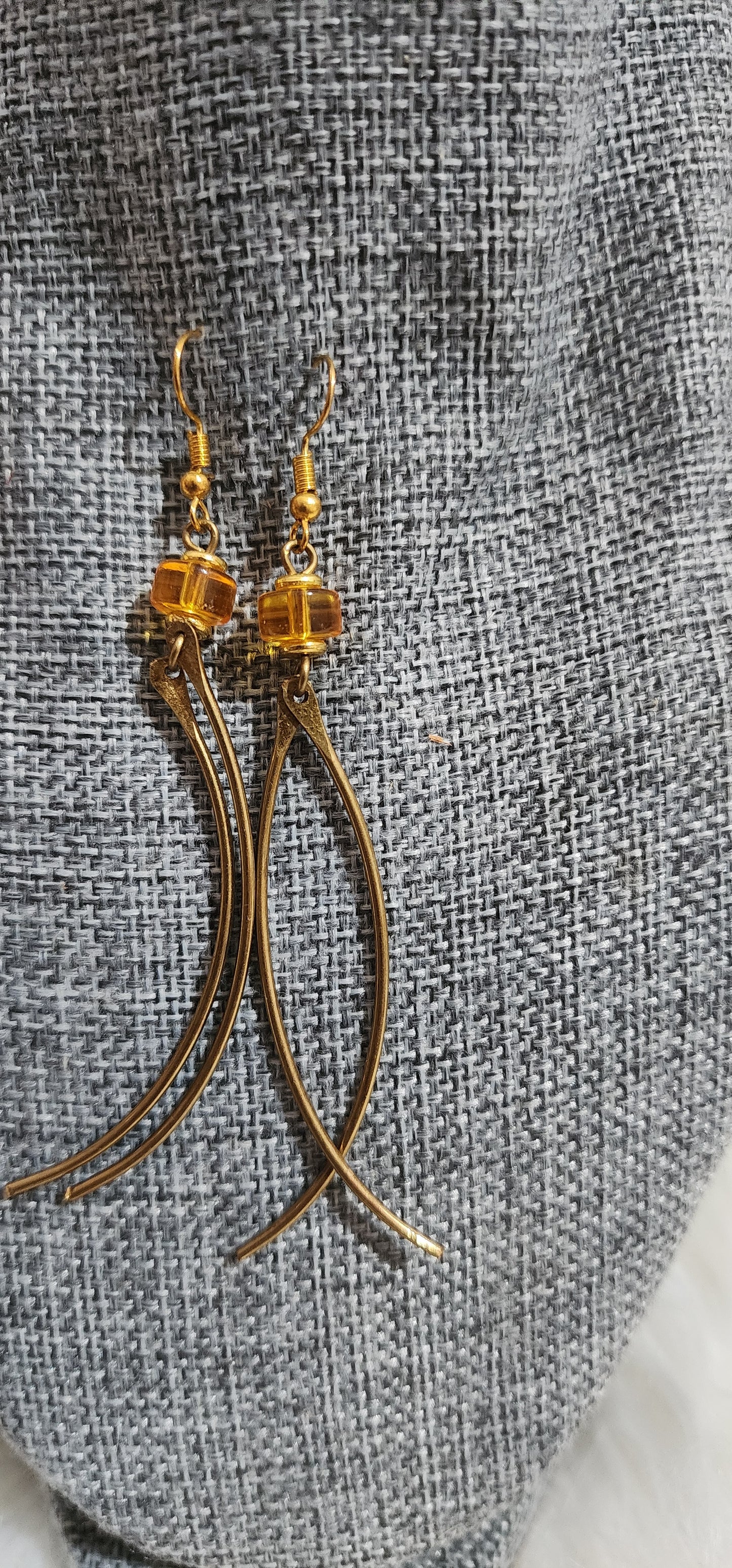 Brass Curved Drop Earrings with Amber Bead