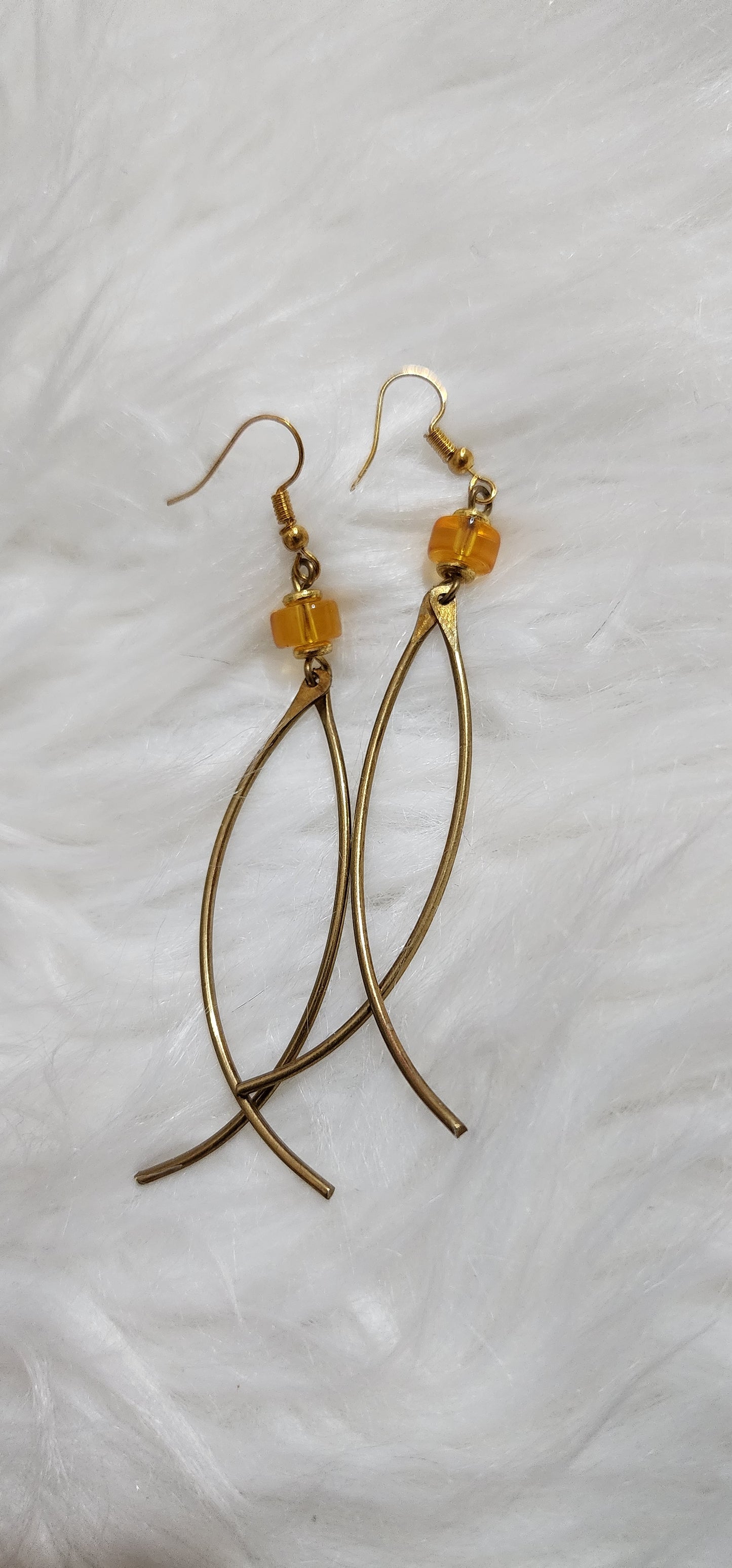 Brass Curved Drop Earrings with Amber Bead