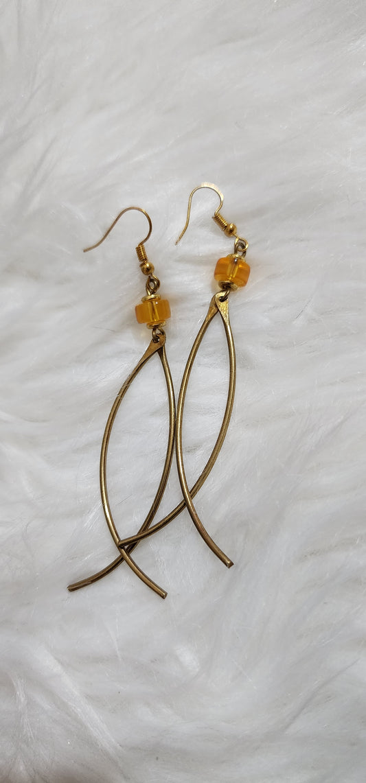 Brass Curved Drop Earrings with Amber Bead