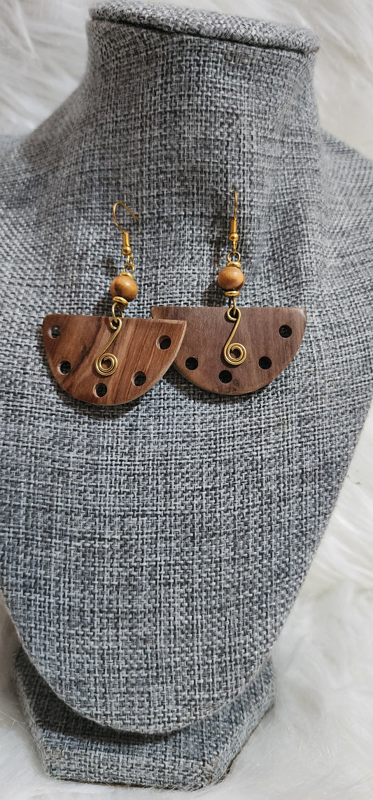 Brass & Wood Half-Moon Drop Earrings