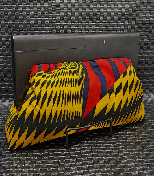 Bold Geometric Ankara Wood Frame Clutch - Yellow & Red
