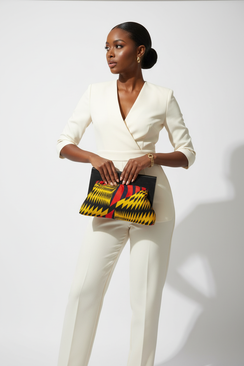 Bold Geometric Ankara Wood Frame Clutch - Yellow & Red