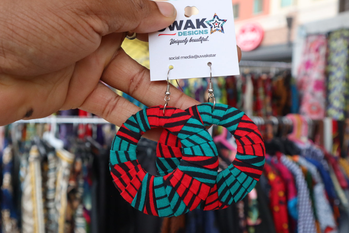 Turquiose and Red Ankara Hoop Earrings, large, African print, vibrant, bold.
