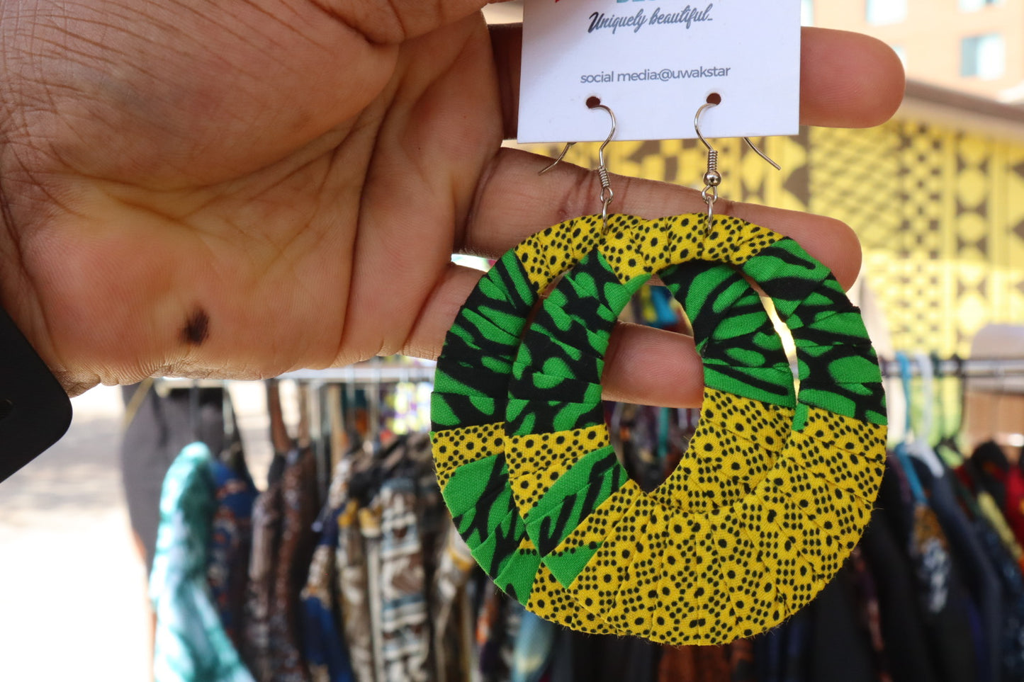 Yellow/Green Ankara Hoop Earrings, large, African print, vibrant.