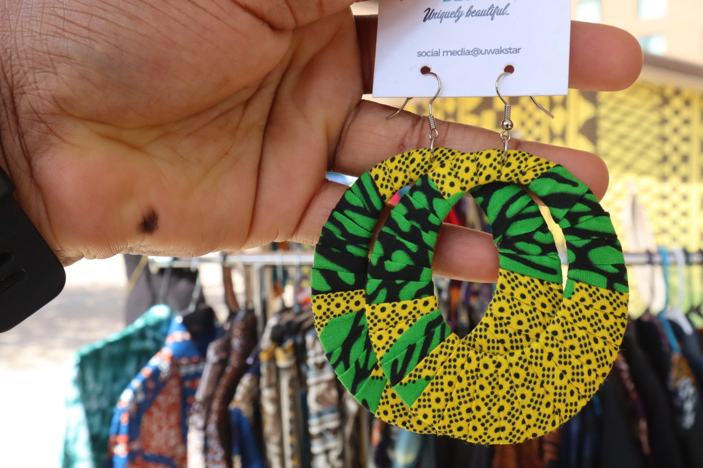 Yellow/Green Ankara Hoop Earrings, large, African print, vibrant.