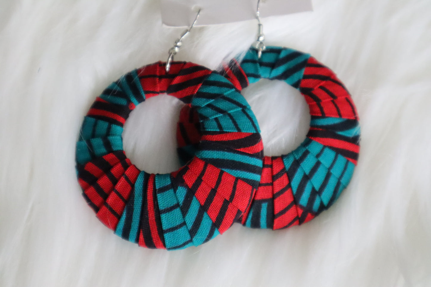 Turquiose and Red Ankara Hoop Earrings, large, African print, vibrant, bold.