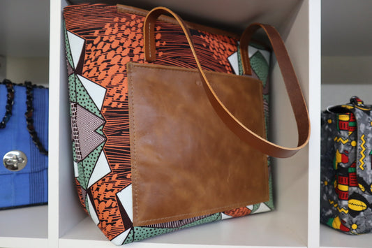 Geometric Ankara/ Leather Tote Bag
