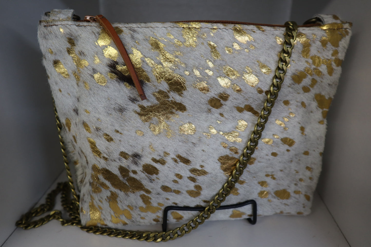 Acid-wash Crossbody Leather Bag for Women- Gold/White