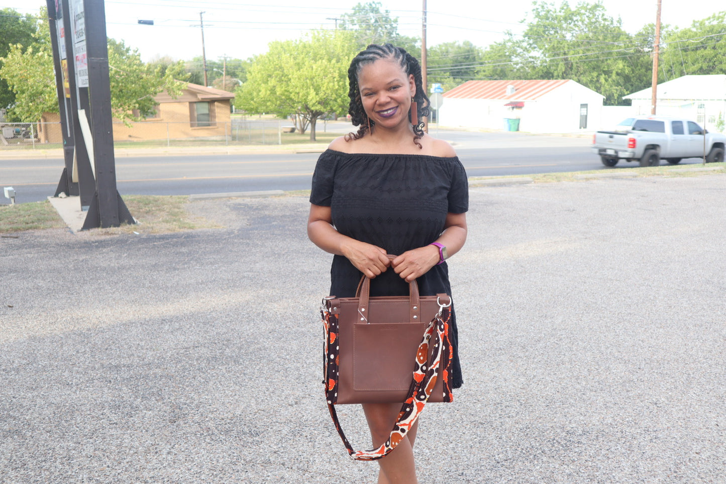 Leather Tote with Woodin Fabric Trim Bag - Medium