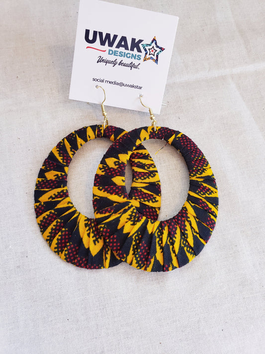 Yellow, Black, Maroon,  Ankara Hoop Earrings, large, African print, vibrant.