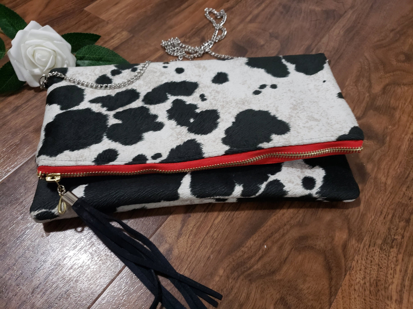 Cowhide Suede foldover clutch purse, cow print, gift for her,  Christmas, bridesmaid gift, Ankara lining, inside pocket, silver chain strap