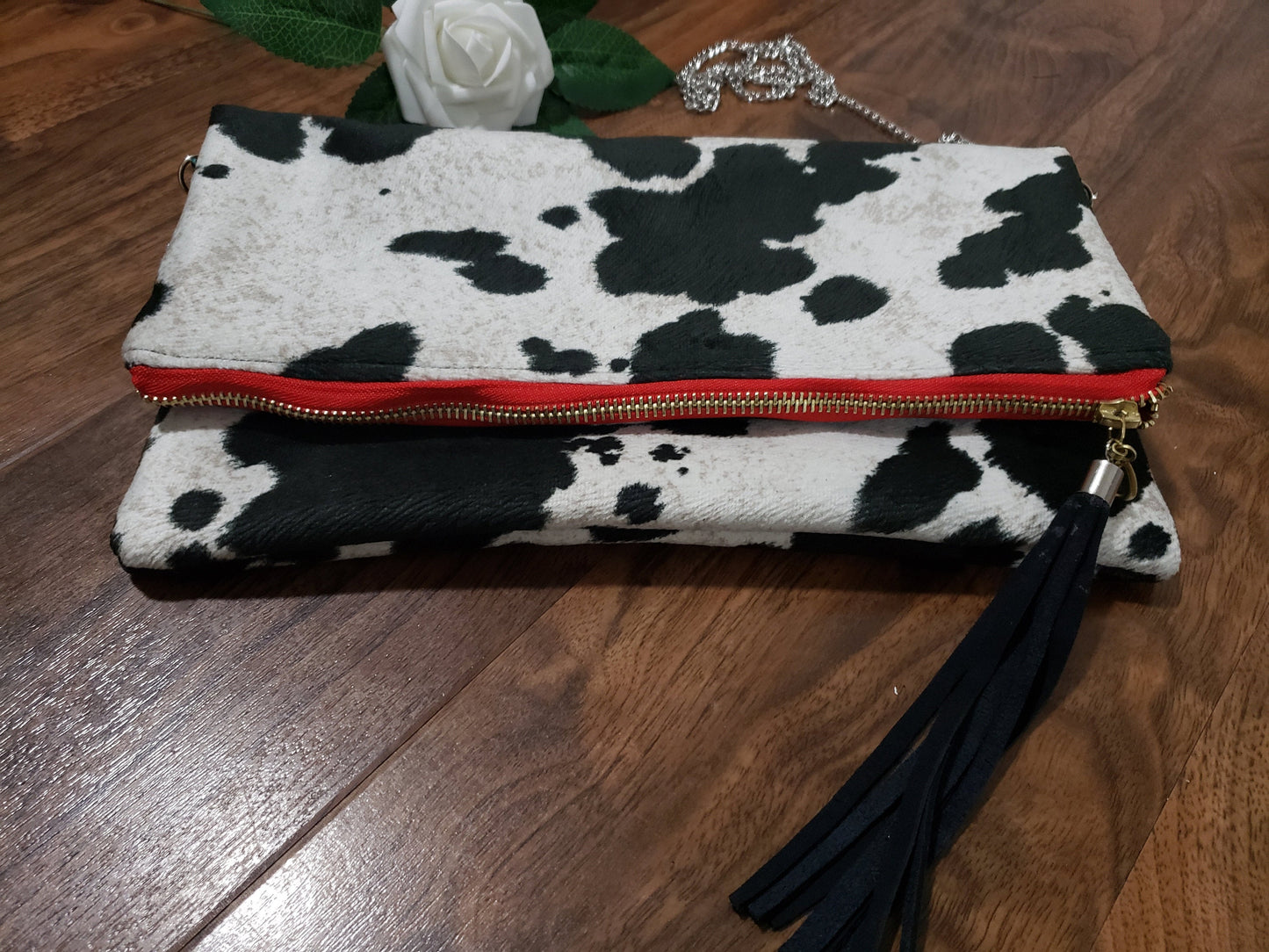 Cowhide Suede foldover clutch purse, cow print, gift for her,  Christmas, bridesmaid gift, Ankara lining, inside pocket, silver chain strap
