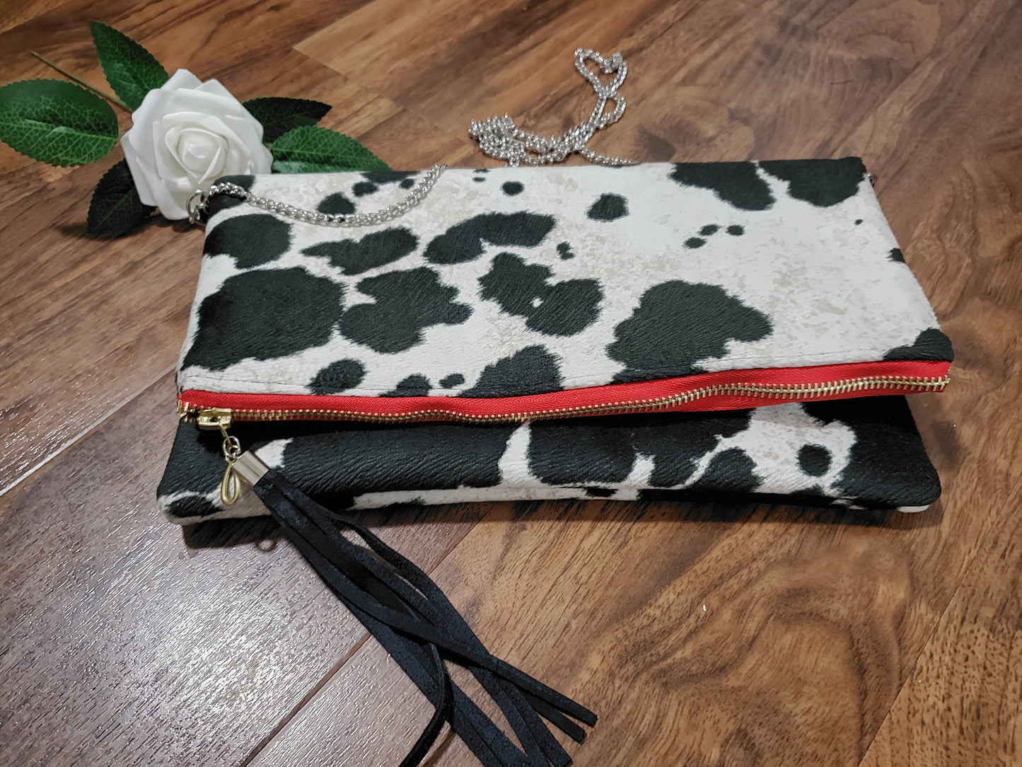 Cowhide Suede foldover clutch purse, cow print, gift for her,  Christmas, bridesmaid gift, Ankara lining, inside pocket, silver chain strap
