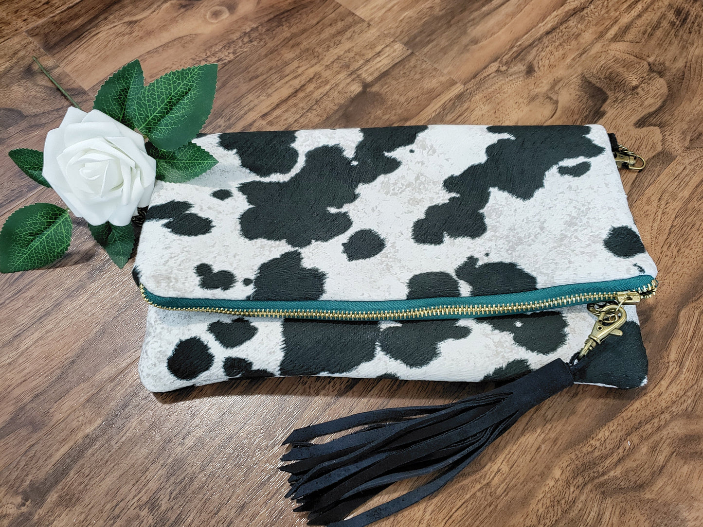 Cowhide Suede foldover clutch purse, cow print, gift for her,  Christmas, bridesmaid gift, Ankara lining, inside pocket, silver chain strap