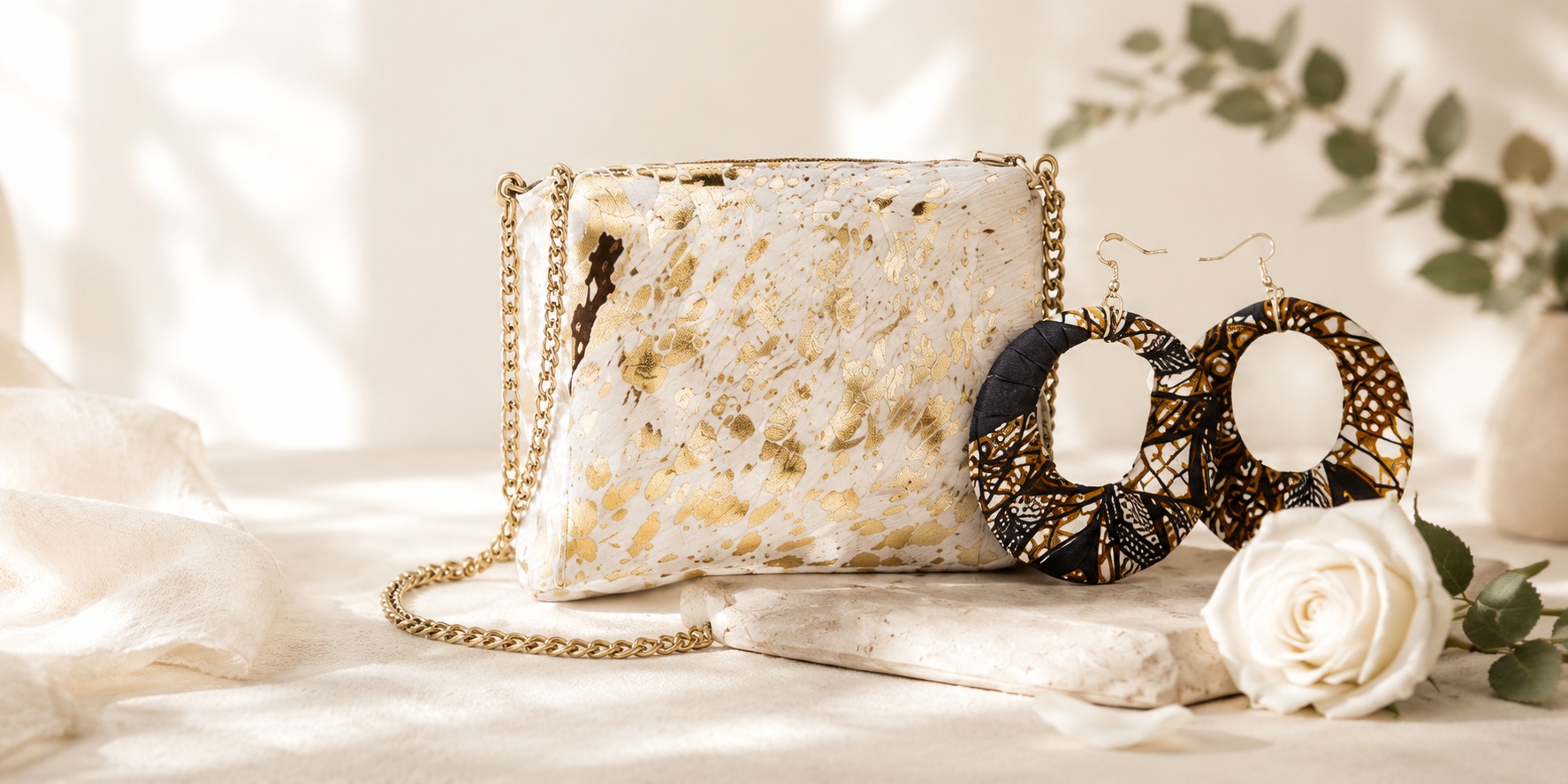 Cream and gold handcrafted Uwakstar crossbody bag with fabric-wrapped earrings and white rose on ivory surface.